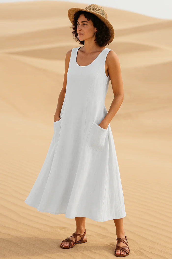Vestido Isadora  Midi sem Mangas e Bolsos Frontais